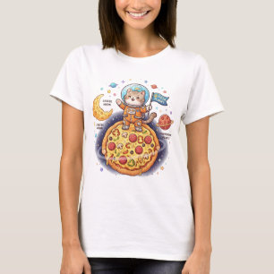 Camiseta Gato astronauta fofo em pé em um planeta de pizza