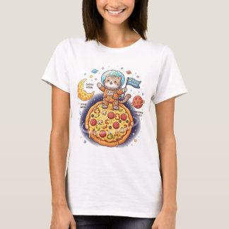Camiseta Gato astronauta fofo em pé em um planeta de pizza