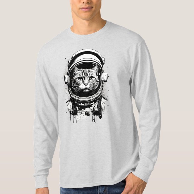 Camiseta Gato Astronauta Preto e Branco (Frente)