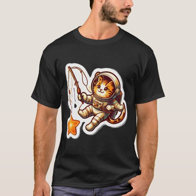 Camiseta Gato Astronauta Retro Pescando Estrelas (Frente)
