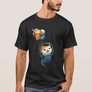 Camiseta Gato astronauta segurando balões de planeta espaço