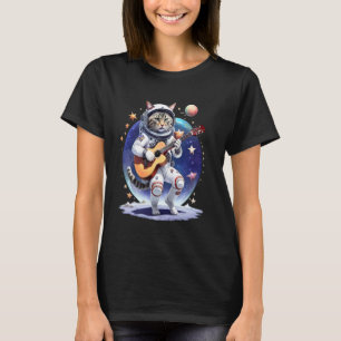 Camiseta Gato Astronauta Tocando Guitarra no Plano Espacial