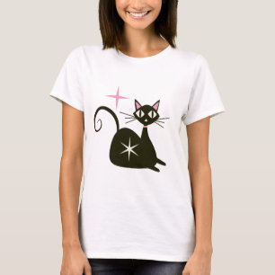 Camiseta Gato Atômico Preto de Meados do Século com Explosõ