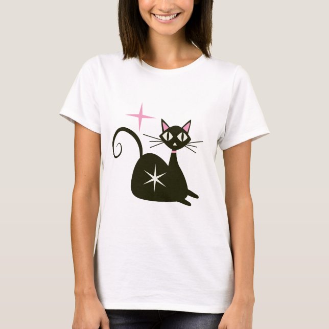 Camiseta Gato Atômico Preto de Meados do Século com Explosõ (Frente)