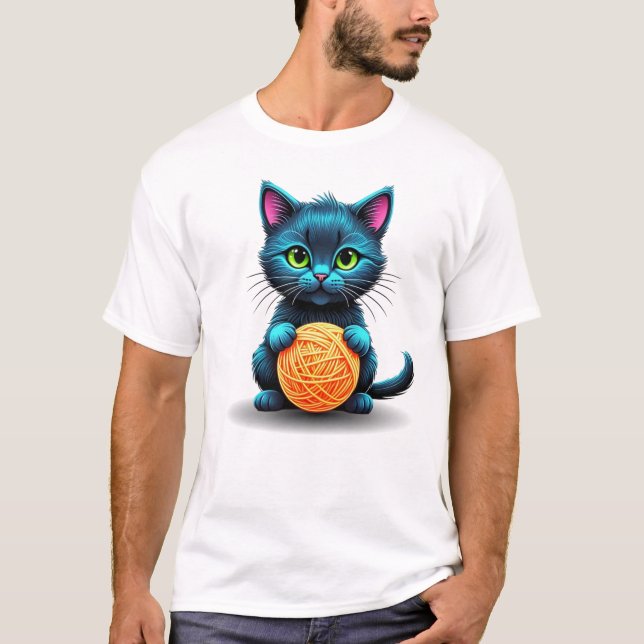 Camiseta Gato Azul Adorável com Bola de Fio (Frente)