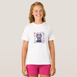 Camiseta Gato Azul Bonito Com Gato De Coração | Kawaii Vale