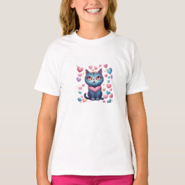 Camiseta Gato Azul Bonito Com Gato De Coração | Kawaii Vale
