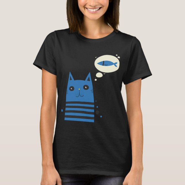 Camiseta Gato Azul com Peixe na Cabeça (Frente)