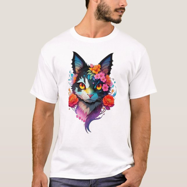 Camiseta Gato "BATCAT" engraçado, bonito, com orelhas de mo (Frente)