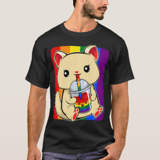 Camiseta Gato Bebendo Boba Lgbt-Q Fofo Kawaii Gatinho Gay