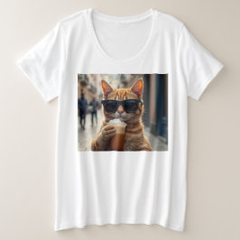 Camiseta Gato Bebendo Café Em Uma Rua