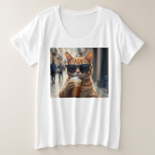Camiseta Gato Bebendo Café Em Uma Rua