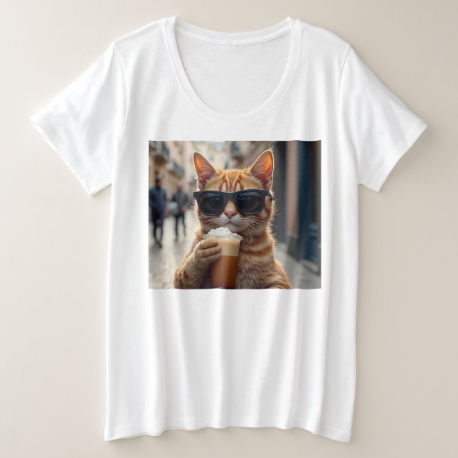 Camiseta Gato Bebendo Café Em Uma Rua (Frente do Design)