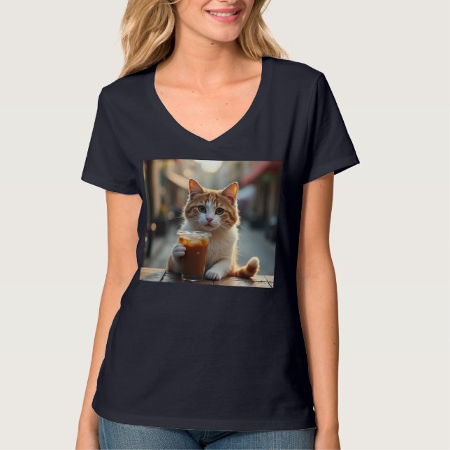 Camiseta Gato Bebendo Café Em Uma Rua (Frente)
