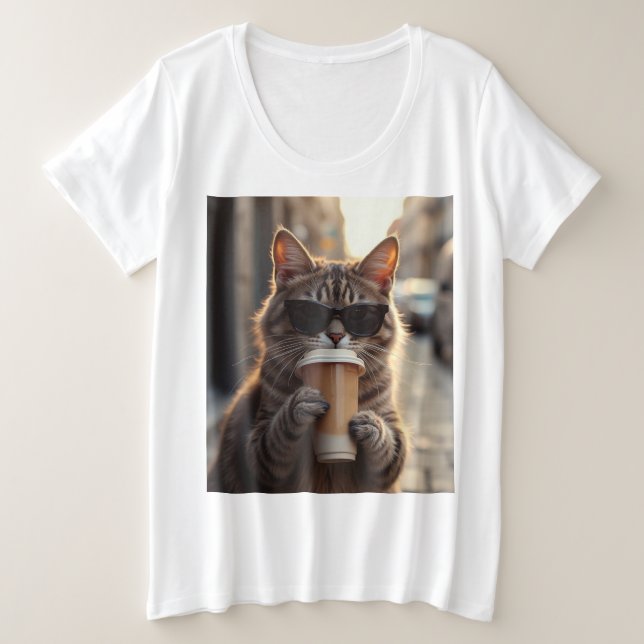 Camiseta Gato Bebendo Café Em Uma Rua (Frente do Design)