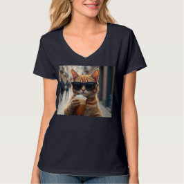 Camiseta Gato Bebendo Café Em Uma Rua