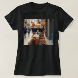 Camiseta Gato Bebendo Café Em Uma Rua