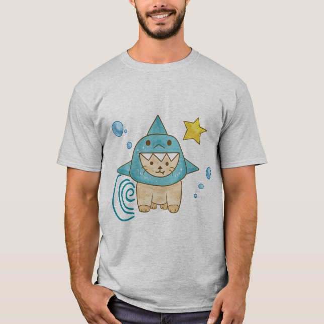 Camiseta Gato bege-gafanhoto em traje de tubarão aqua sea T (Frente)
