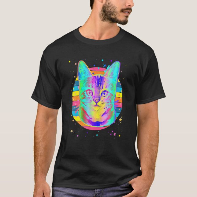 Camiseta Gato Bengal Arco-íris Espaço Preto (Frente)