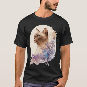 Camiseta Gato Birmanês Flor de Cerejeira Japonesa Aquarela