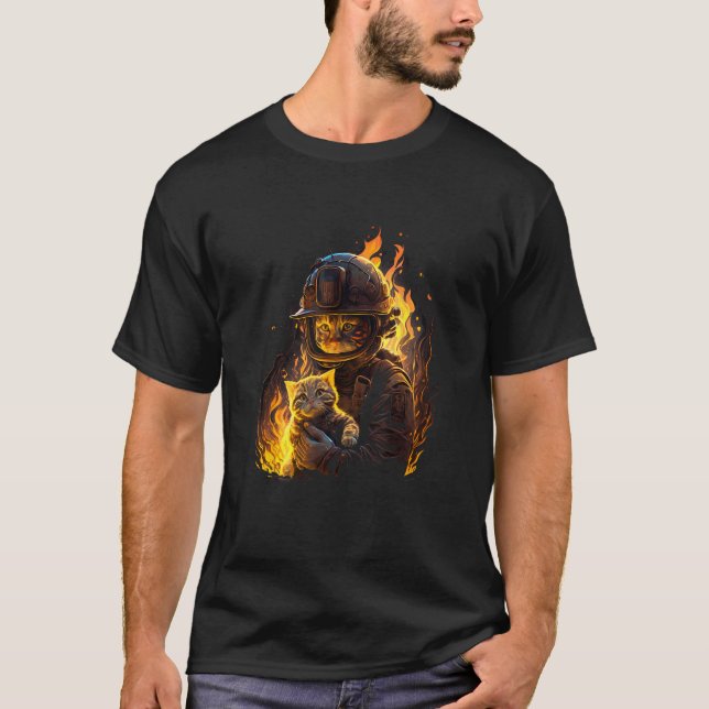 Camiseta Gato Bombeiro de Resgate Design para Fa Animal (Frente)