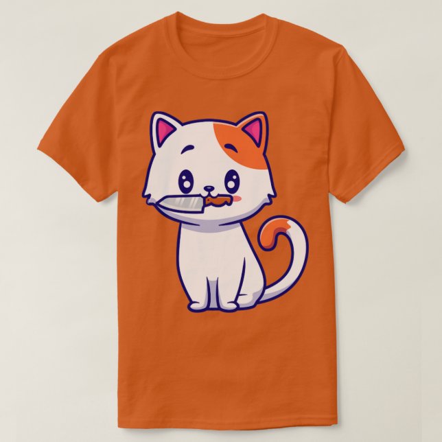 Camiseta Gato Bonito Com Cartoon De Faca (Frente do Design)