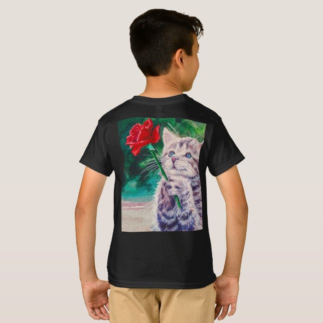 Camiseta Gato bonito com flor vermelha (Parte Traseira Completa)