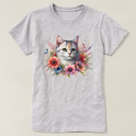 Camiseta Gato Bonito com Flores e Amantes de Gato