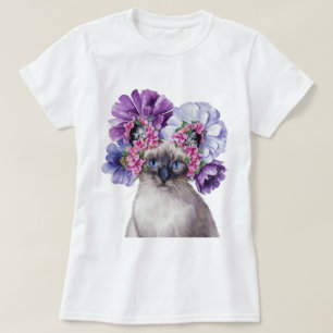 Camiseta Gato Bonito com Ilustração de Aquarela Crown Flor