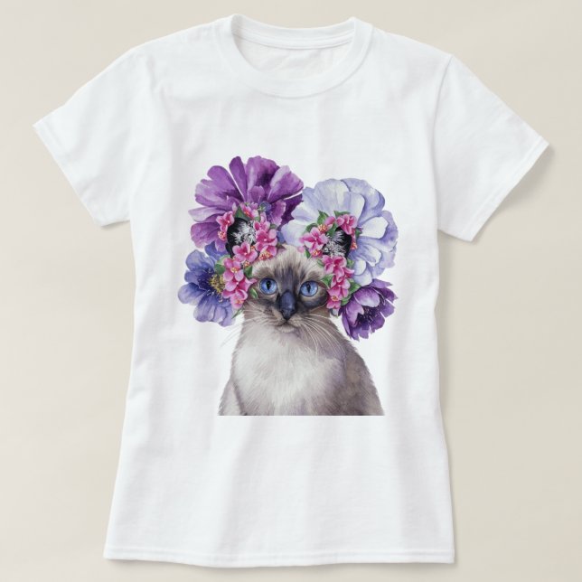 Camiseta Gato Bonito com Ilustração de Aquarela Crown Flor (Frente do Design)
