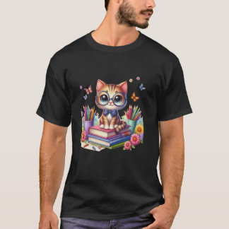 Camiseta Gato Bonito Com Óculos Leia Livro Nacional de Ciên