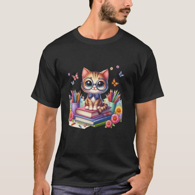 Camiseta Gato Bonito Com Óculos Leia Livro Nacional de Ciên (Frente)