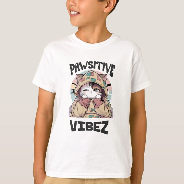 Camiseta Gato bonito com um Hoodie: 'design VIBEZ PAWSITIVO (Frente)