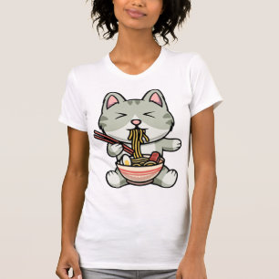 Camiseta Gato bonito comendo macarrão sóbrio ícone de desen