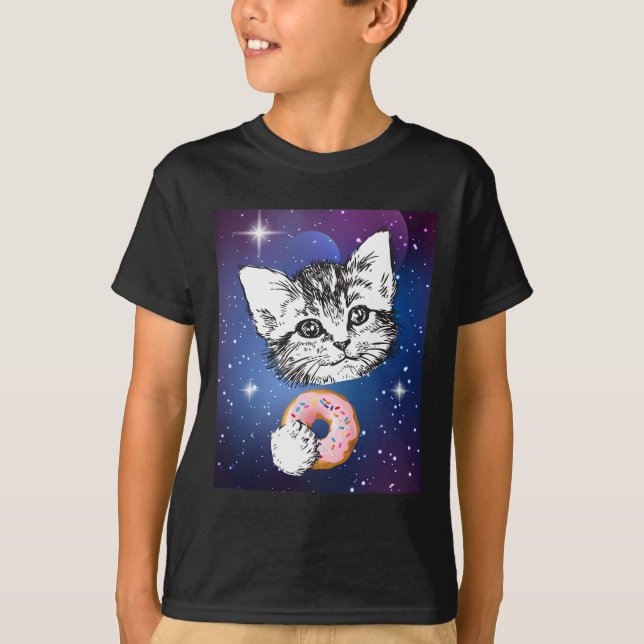 Camiseta Gato Bonito Comendo Uma Rosquinha No Espaço (Frente)