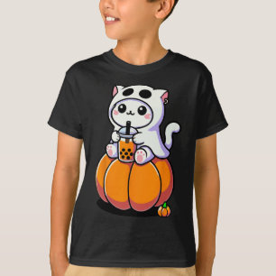 Camiseta Gato Bonito De Halloween No Fantasma Bebendo Boba