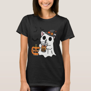 Camiseta Gato Bonito De Halloween No Fantasma Bebendo Boba
