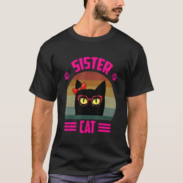 Camiseta Gato Bonito De Irmã Com Óculos De Leopardo Vermelh (Frente)
