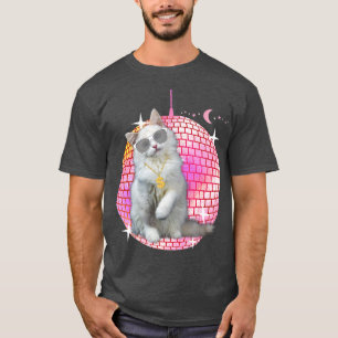 Camiseta Gato Bonito, Gato Engraçado, Disco Retro Techno DJ