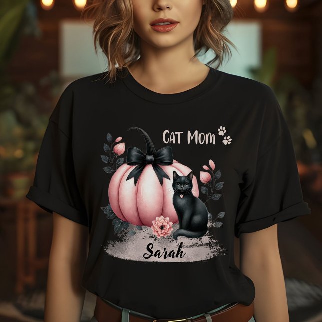 Camiseta Gato Bonito Mãe Halloween Rosa Personalizado (Criador carregado)