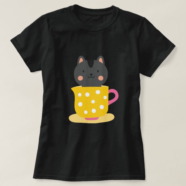 Camiseta Gato bonito na caricatura do teacup na menta (Frente do Design)