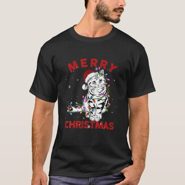 Camiseta Gato Bonito Papai Noel de Natal Luz Engraçada Amor (Frente)