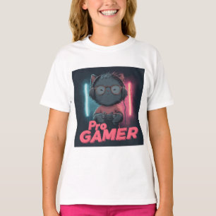 Camiseta Gato Bonito "Pro Gamer" com Fones de ouvido