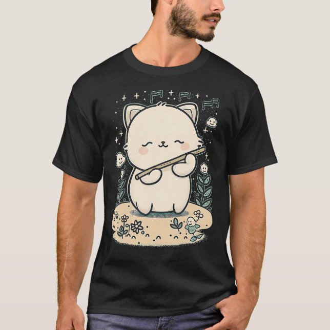 Camiseta Gato Bonito Que Joga Flute Engraçado Gato (Frente)
