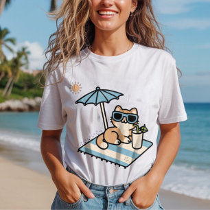 Camiseta Gato bonito relaxando sob guarda-chuva de praia, V