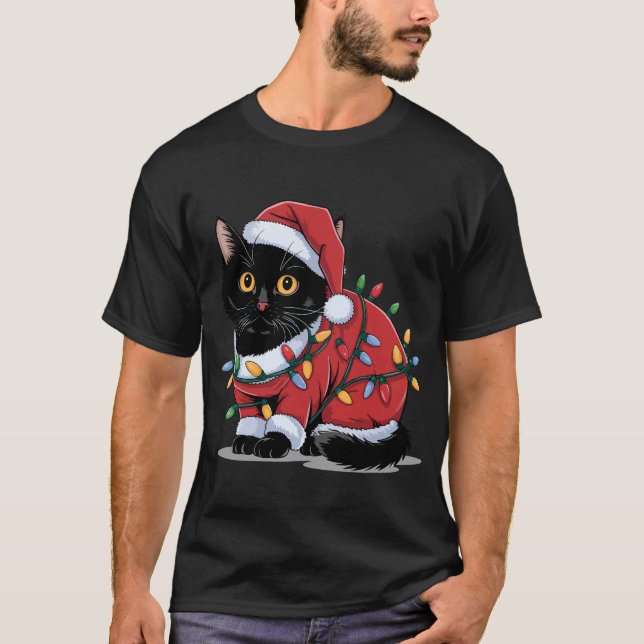 Camiseta Gato Bonito, Santa Hat, Luzes de Natal (Frente)