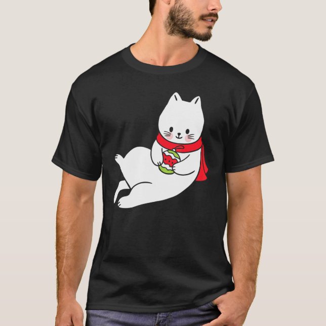 Camiseta Gato Bonito Segurando Bolas De Natal Gatos De Nata (Frente)