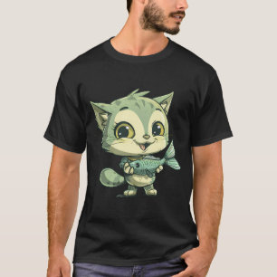 Camiseta gato bonito segurando peixe