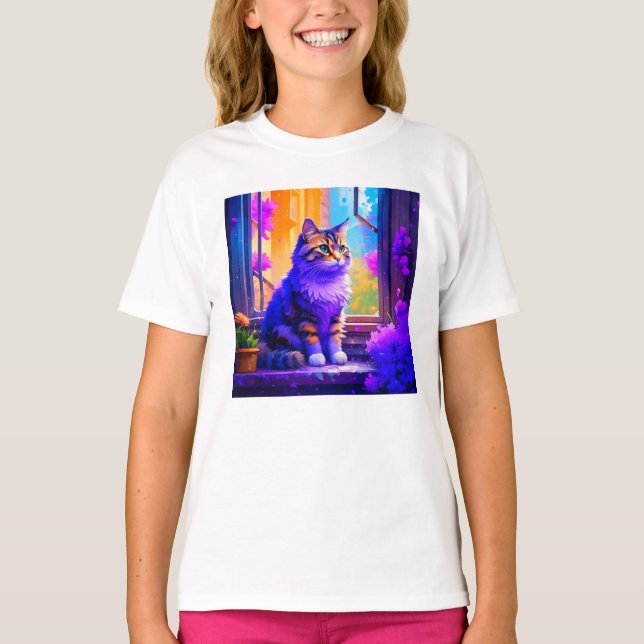 Camiseta Gato Bonito Sentado em Arte Windows Ai (Frente)