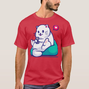 Camiseta Gato Bonito Sentado Reproduzindo Cartografia Telef